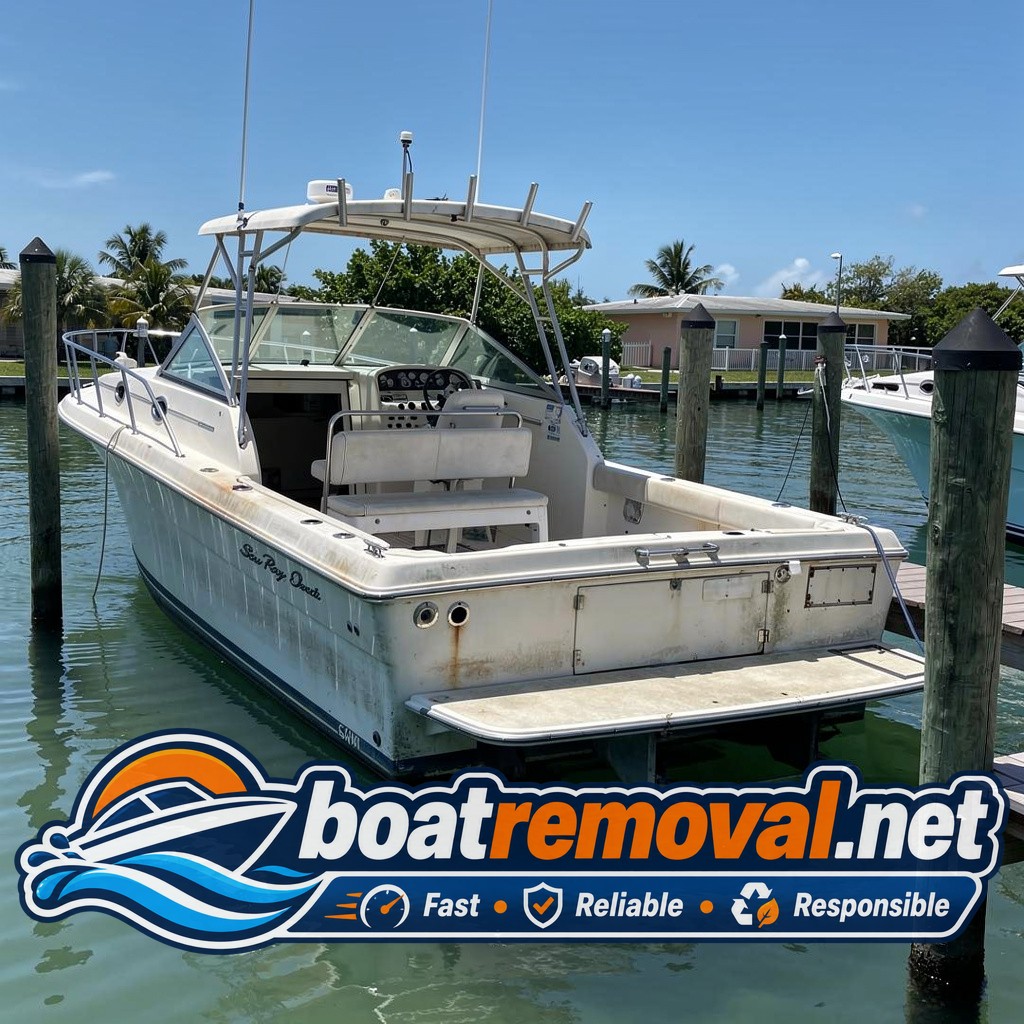 31-foot Sea Ray sportfisher missing both engines tied up in a marina slip in Islamorada, Florida