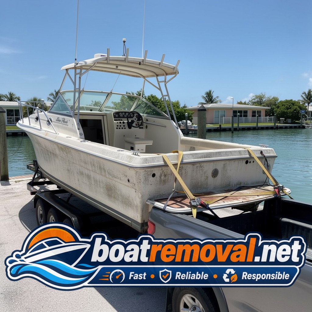 Sea Ray sportfisher loaded onto a trailer after removal from a marina in Islamorada, Florida