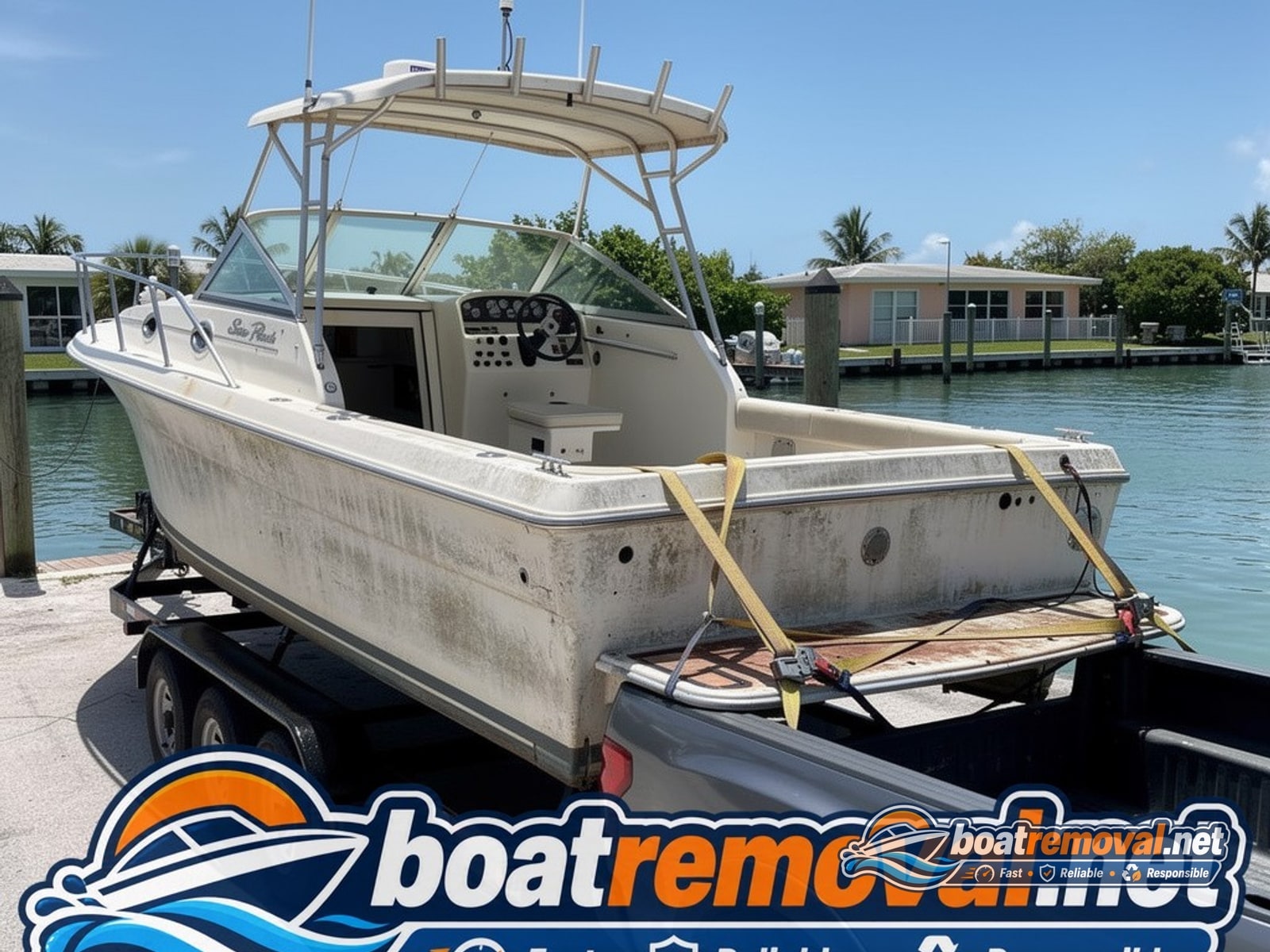 Islamorada, FL: 31-foot Sea Ray sportfisher loaded for removal Sea Ray sportfisher loaded onto a trailer after removal from a marina in Islamorada, Florida