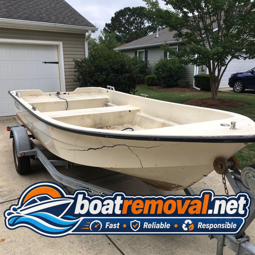 Small open boat with a cracked hull and no engine sitting on a trailer