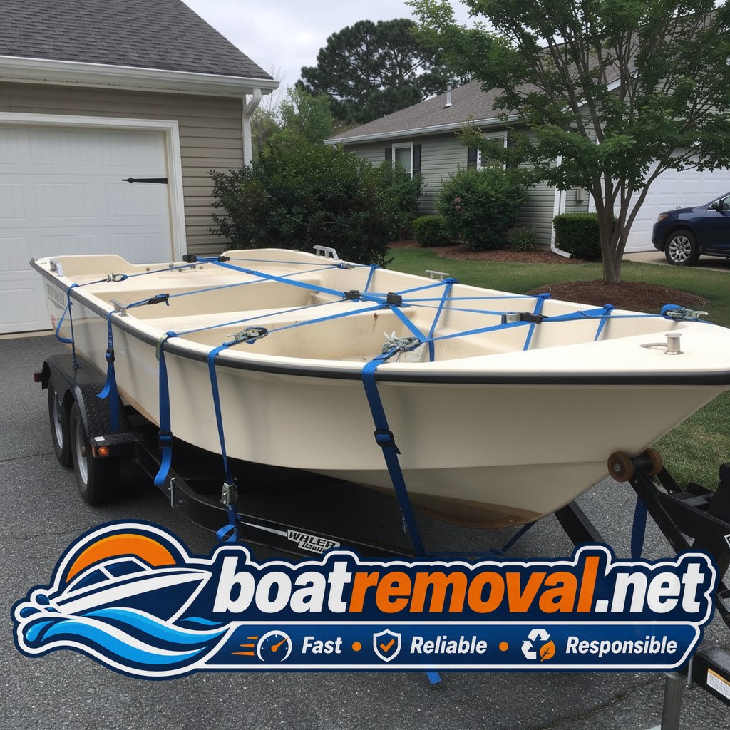Same small boat loaded onto a tow truck with a new trailer hitch connection