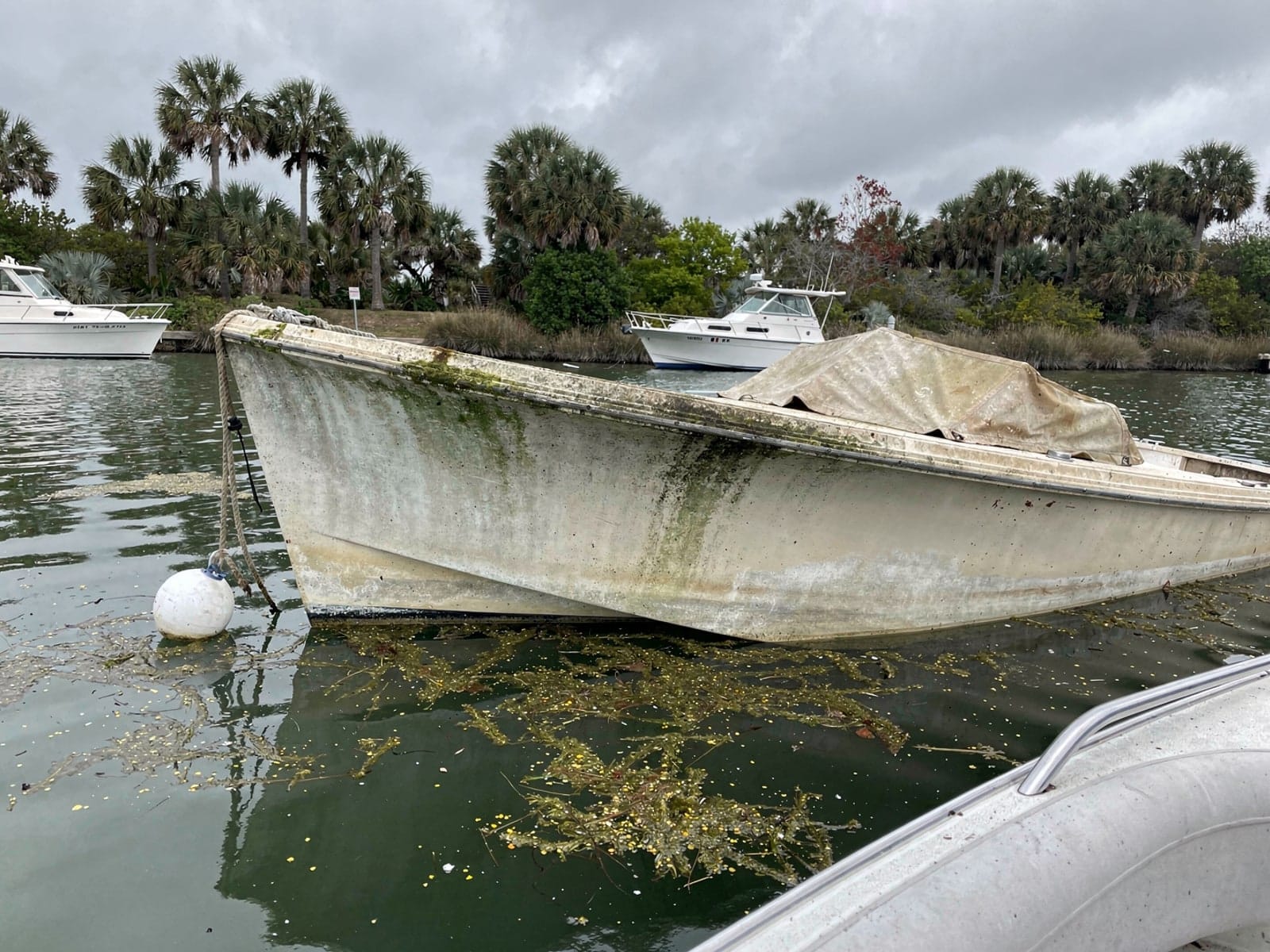 Sunken boat recovery in Kendall West, FL: before Sunken 27 ft Chris-Craft Commander 27 at its mooring in Kendall West, FL