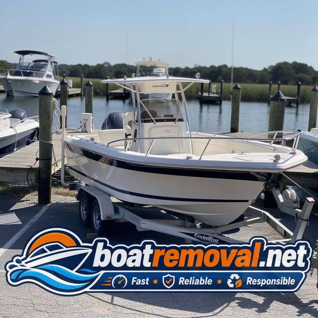 Formula boat loaded onto a trailer after removal from a marina in Kingsland, Georgia
