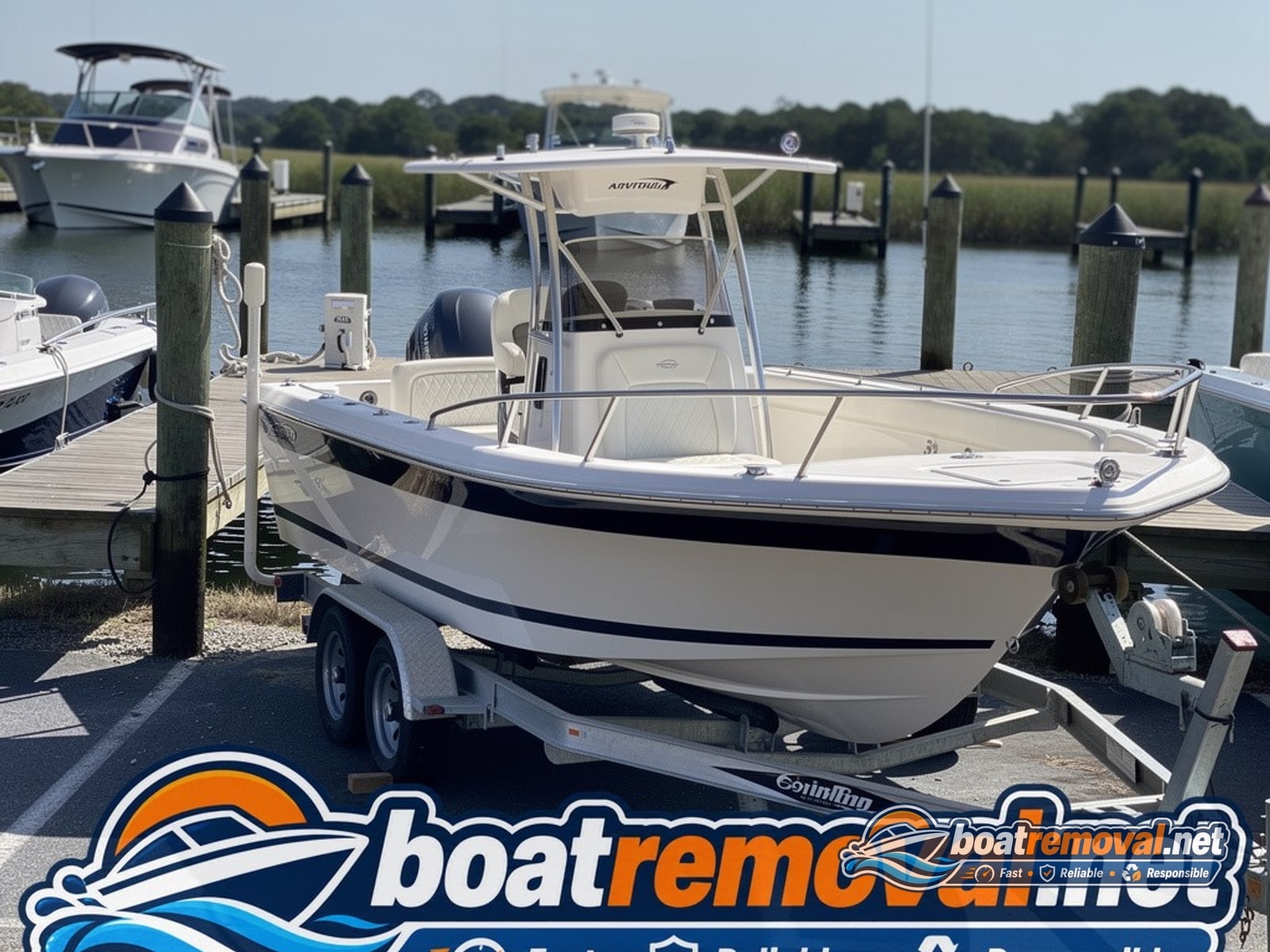 Kingsland, GA: 28-foot Formula loaded for removal Formula boat loaded onto a trailer after removal from a marina in Kingsland, Georgia