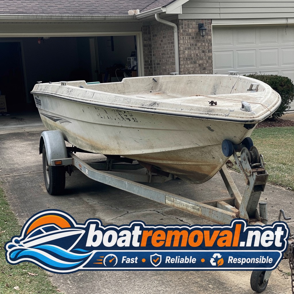 Faded bowrider boat on a flat trailer in a Knoxville driveway, hull covered in grime