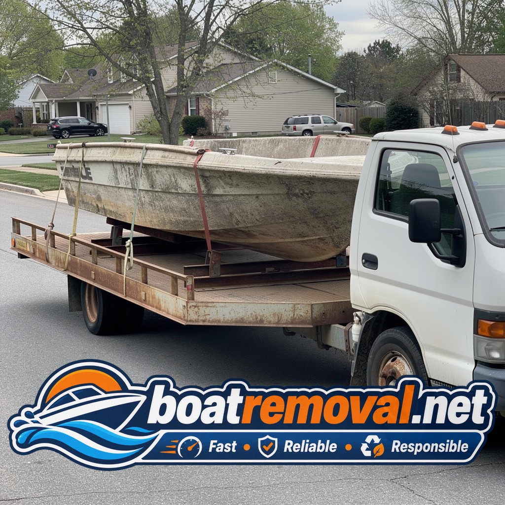 Same faded bowrider loaded onto a flatbed tow truck on a residential street