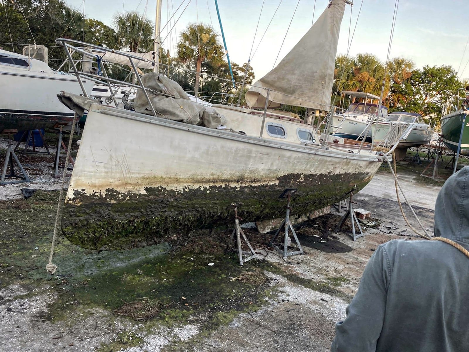 27 ft Catalina 27 from Lakeside, FL on stands at a repair yard after the recovery