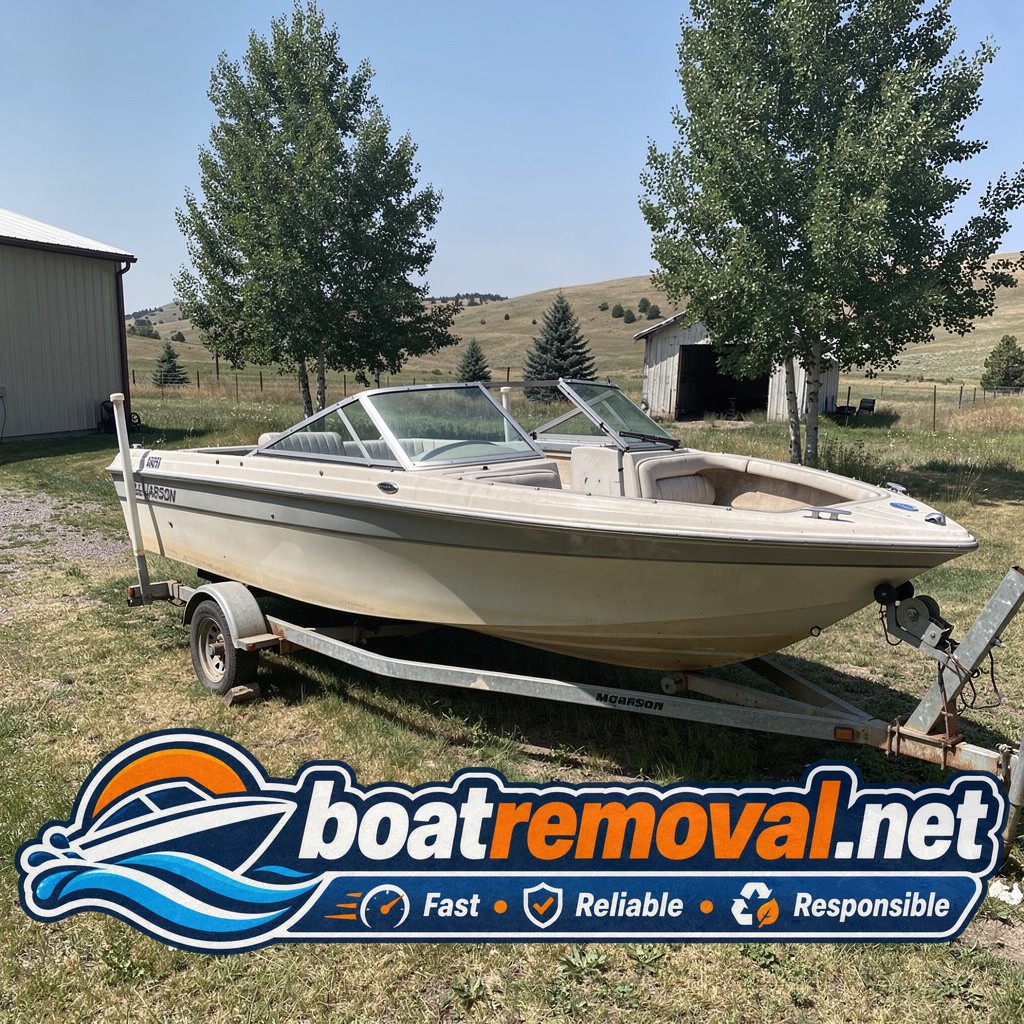 19-foot Larson runabout parked in a yard near Laurel, Montana before removal