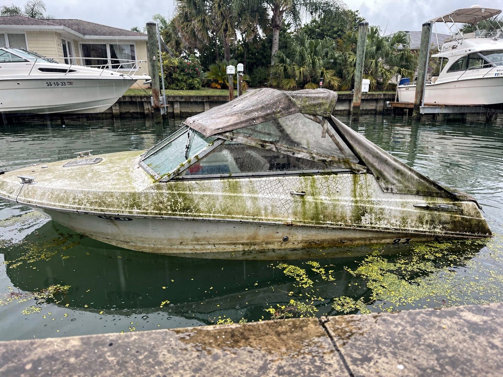 Sunken boat recovery in Lehigh Acres, FL: before Sunken 23 ft Rinker 232 in a canal by the seawall in Lehigh Acres, FL