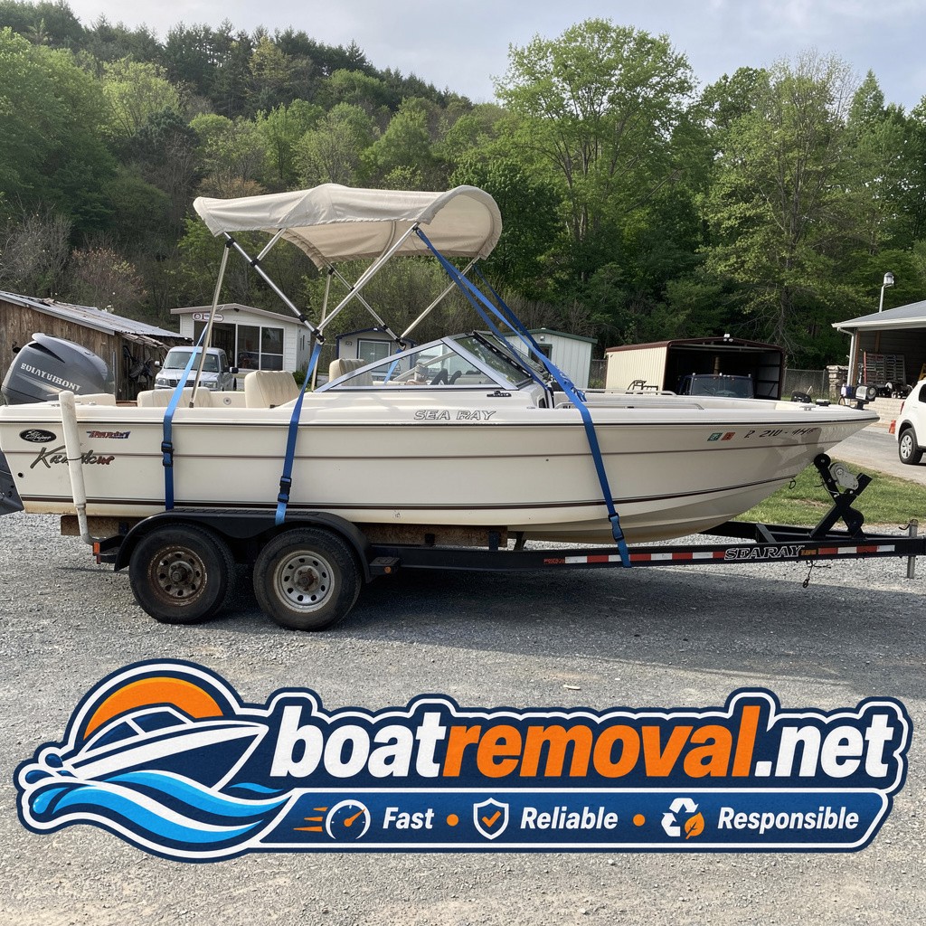 Same cuddy cabin boat loaded onto a trailer being pulled out from under a carport