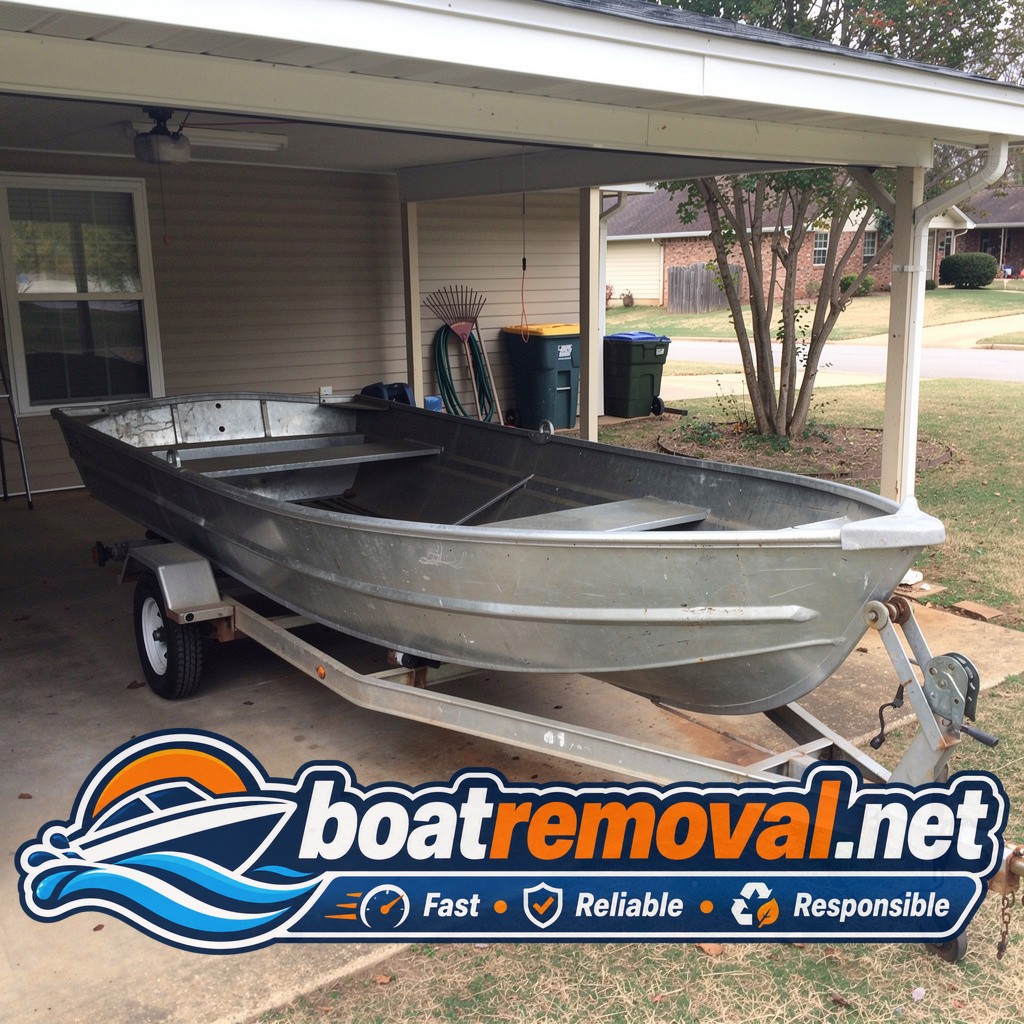 Grumman aluminum boat loaded onto a trailer after estate pickup in Little Rock, Arkansas