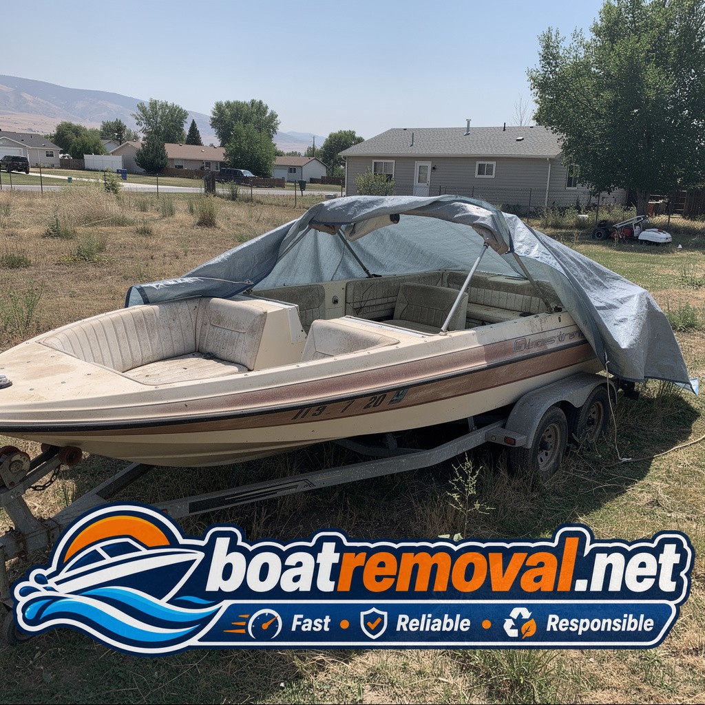 Ski boat with faded upholstery parked under a tarp in a backyard