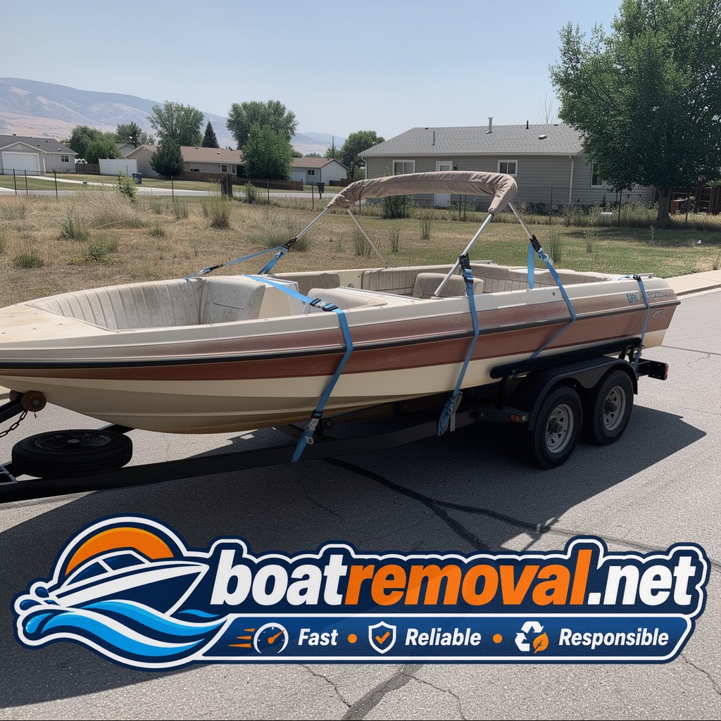 Same ski boat loaded onto a trailer after tarp removal