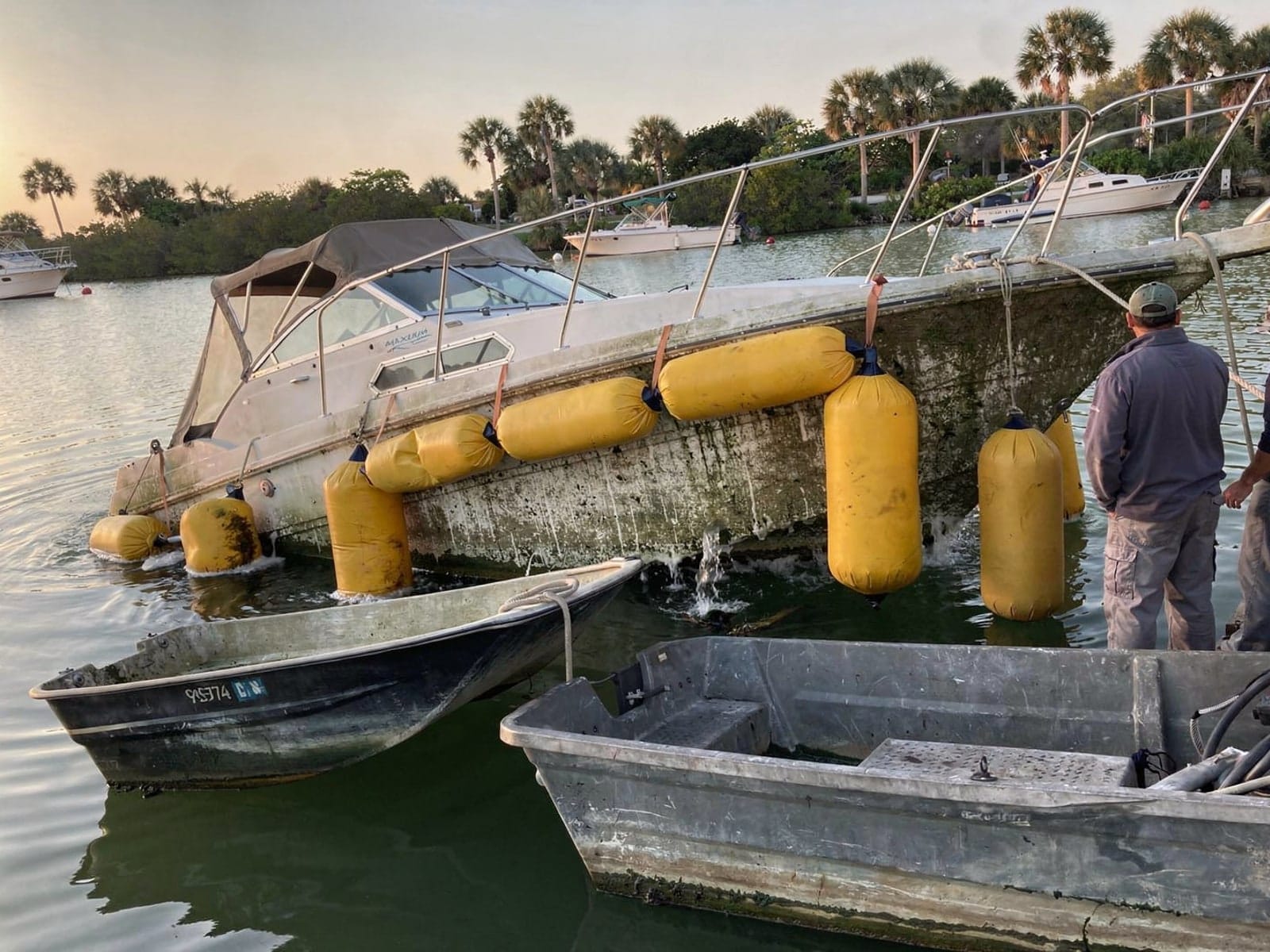 Sunken boat recovery in Fernandina Beach, FL: raised with lift bags 24 ft Maxum 2400 SCR raised by lift bags in Fernandina Beach, FL