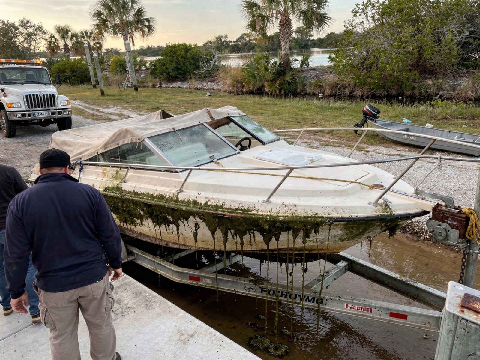 Sunken boat recovery in Fort Walton Beach, FL: pulled out at the ramp 24 ft Formula 242 pulled out on a trailer at a Fort Walton Beach, FL boat ramp