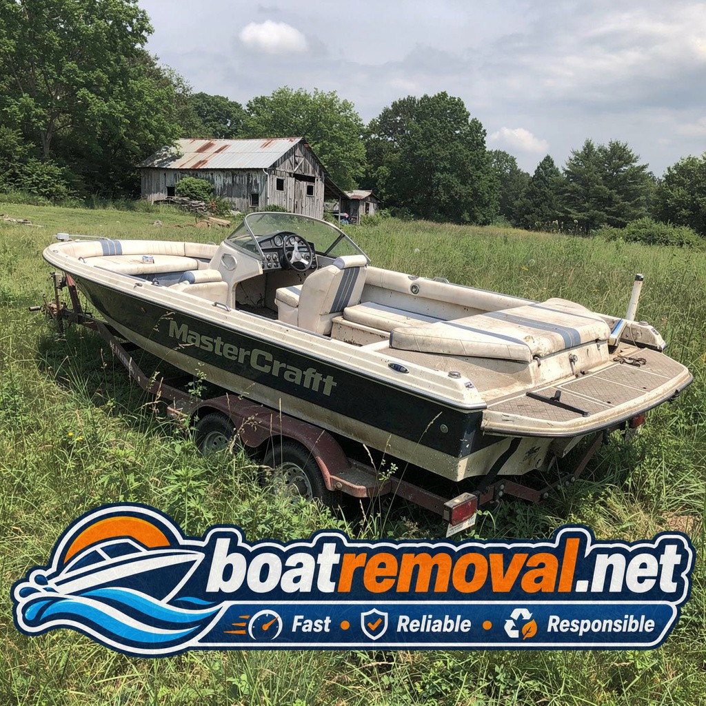Ski boat with faded upholstery sitting on a trailer in tall grass