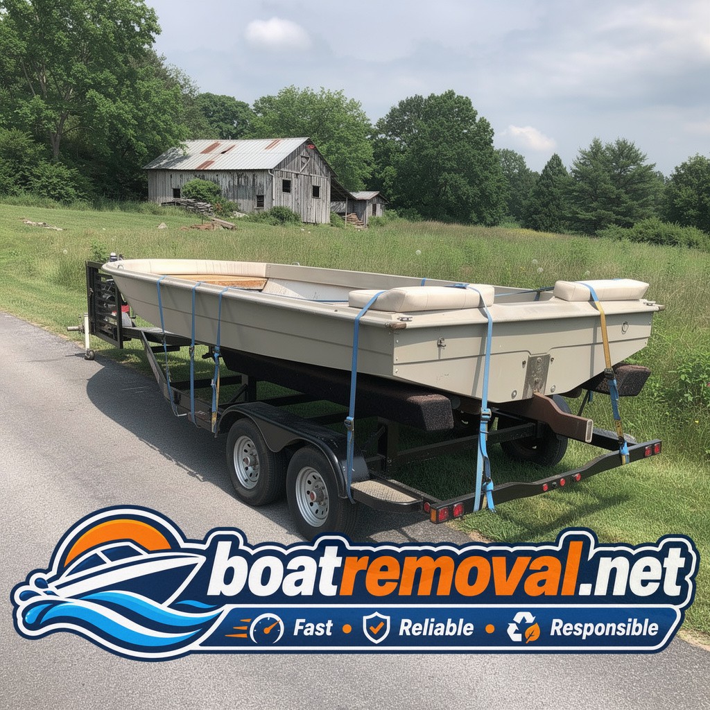Same ski boat loaded onto a trailer near a temporarily removed fence gate panel