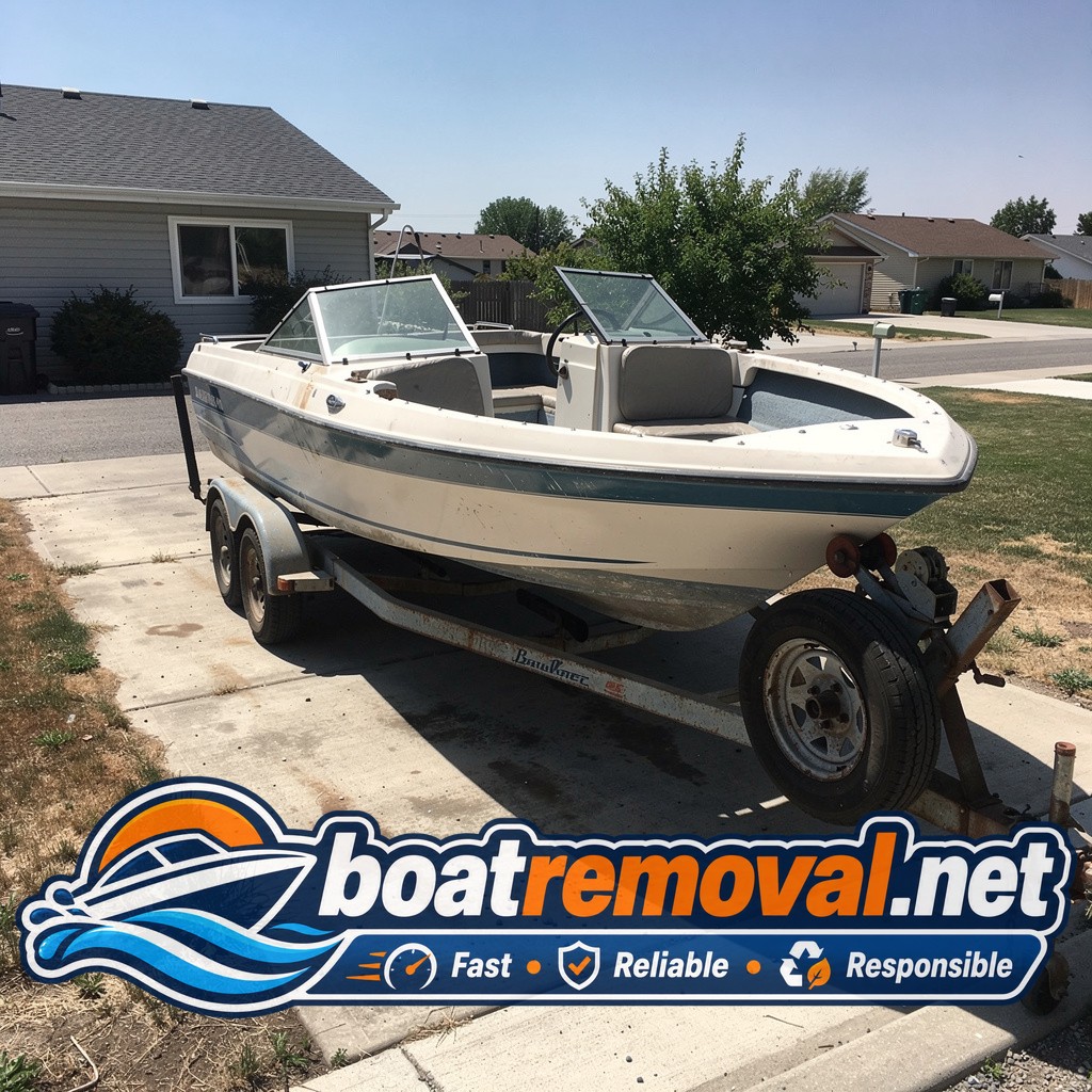 24-foot Bayliner cuddy cabin sitting on a flat-tired trailer in a Meridian, Idaho driveway