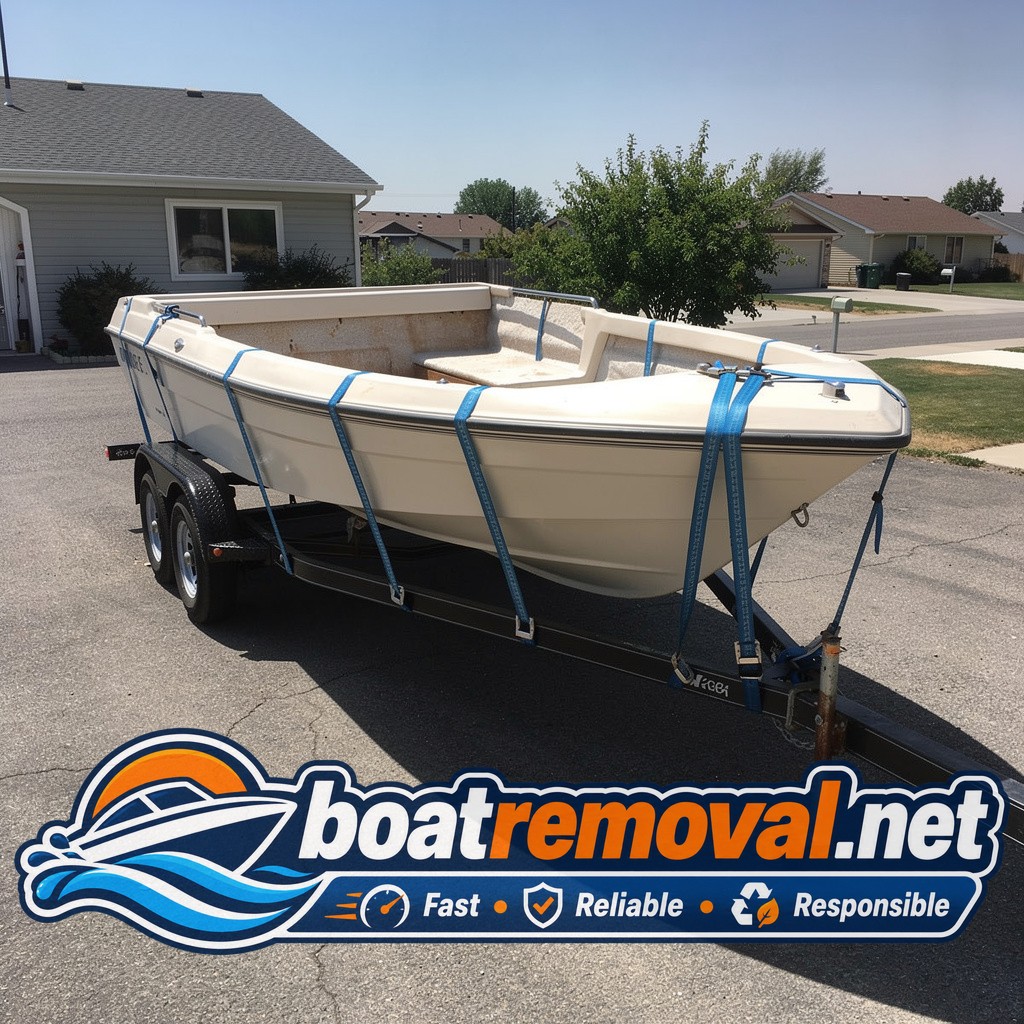 Bayliner cuddy cabin loaded onto a trailer after driveway pickup in Meridian, Idaho