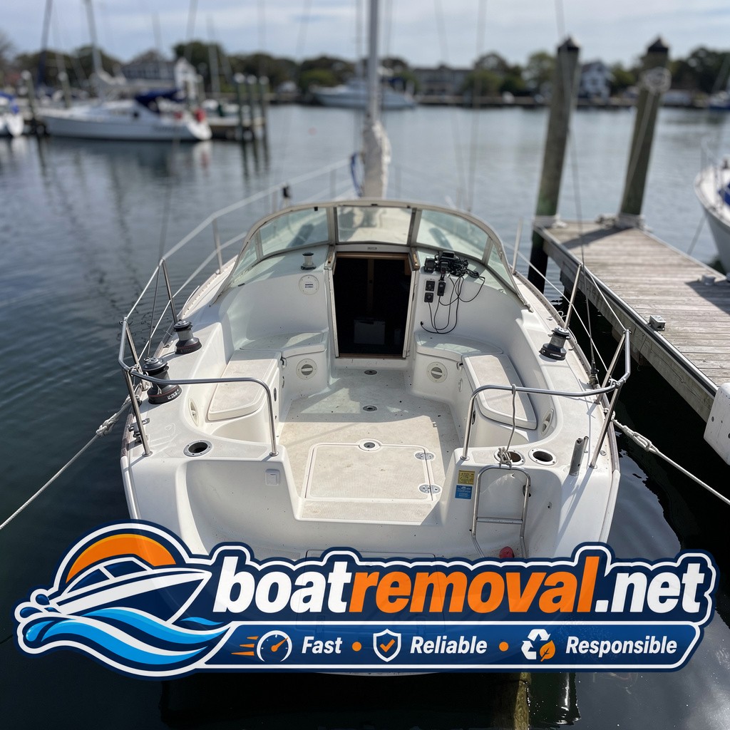 marina boat removal Middletown RI, 34 ft Catalina sailboat at end slip