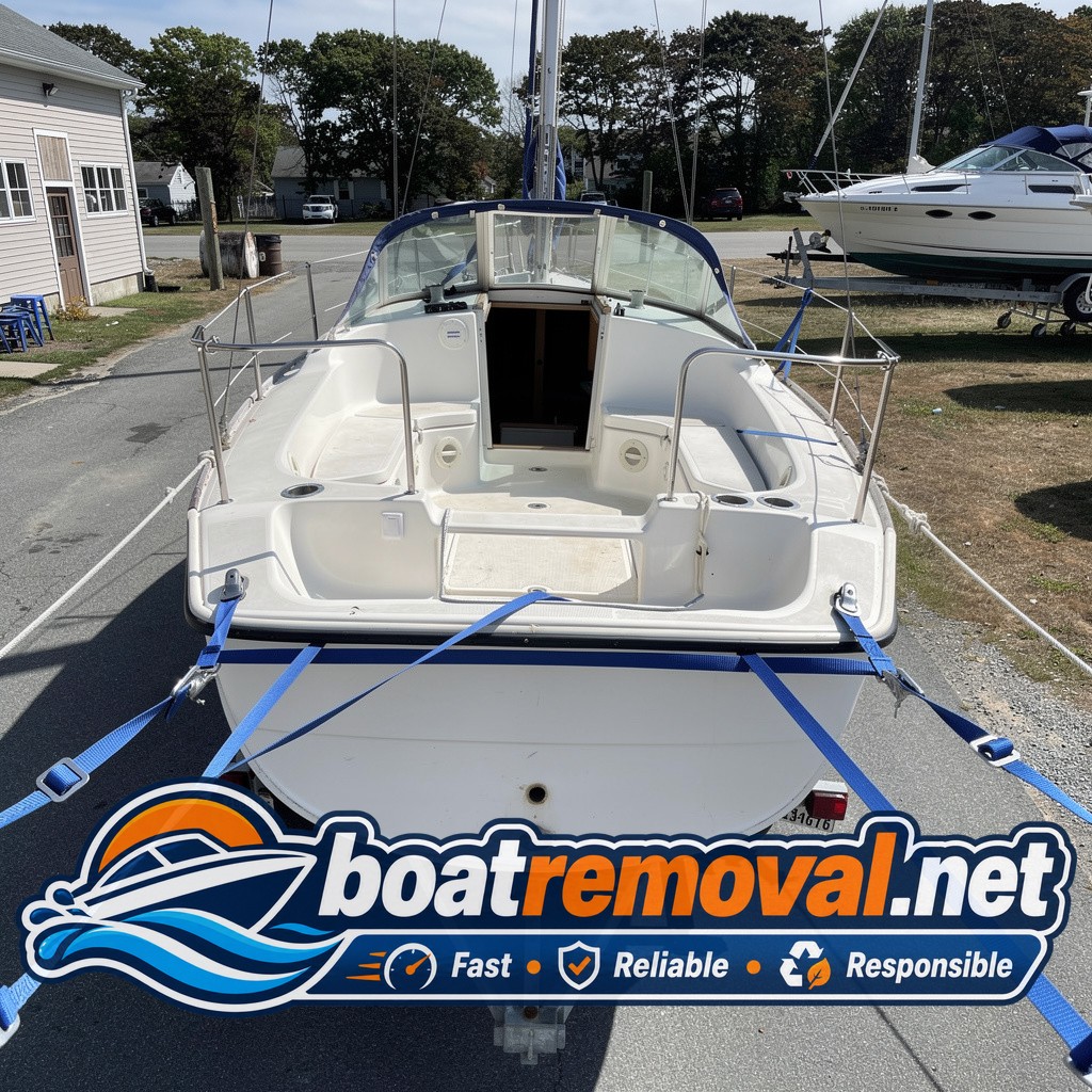 34 ft Catalina sailboat loaded for removal, Middletown Rhode Island