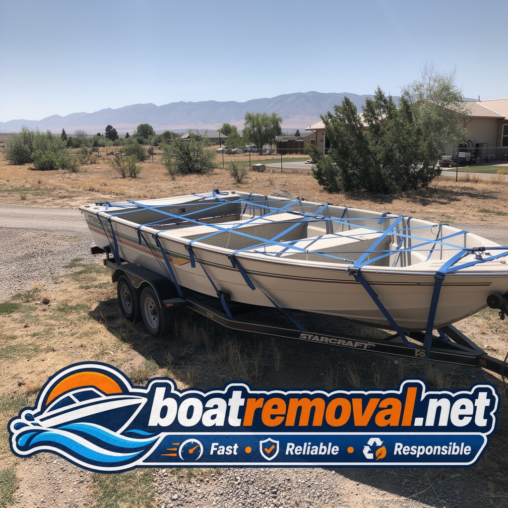 Same Starcraft ski boat loaded onto the removal trailer leaving the Minden property