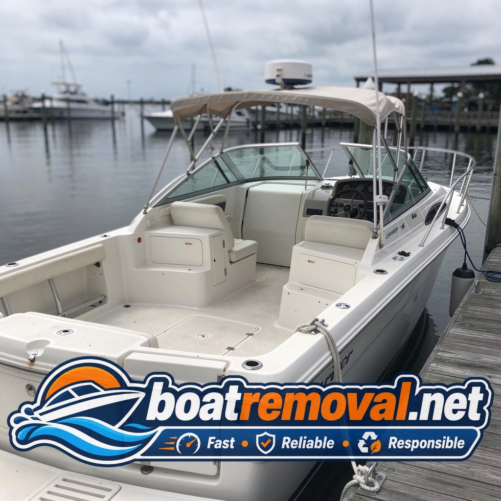 marina boat removal Morehead City NC, 26 ft Carver cabin cruiser at dock