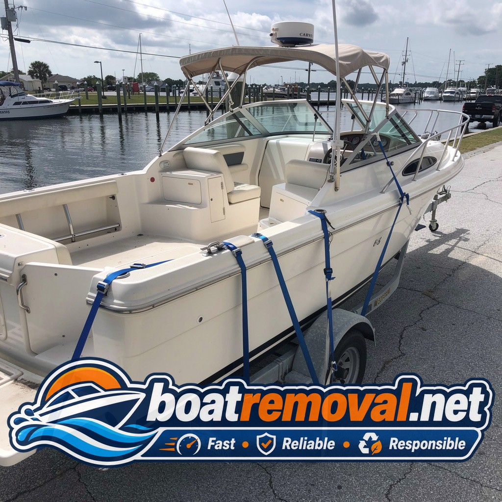 26 ft Carver cabin cruiser loaded for removal, Morehead City North Carolina