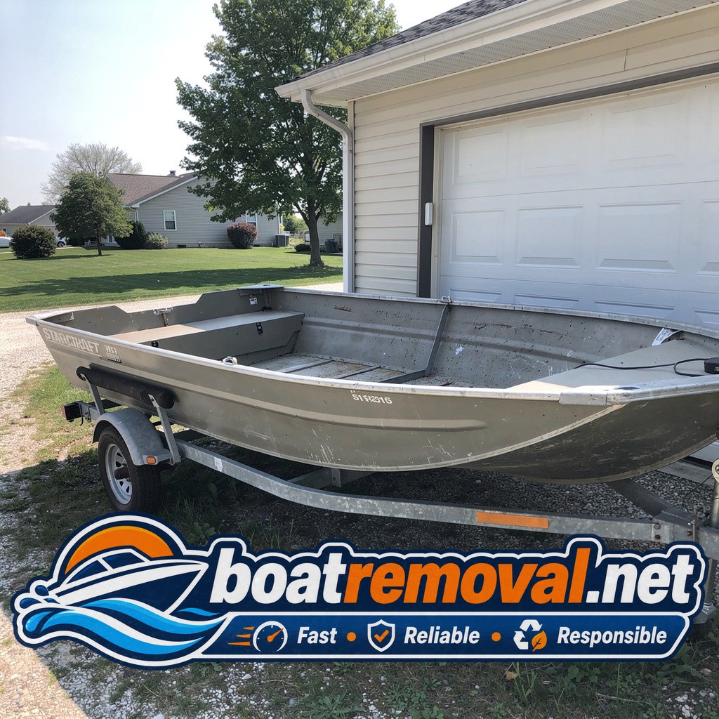 18-foot Starcraft aluminum fishing boat sitting behind a garage near Morris, Illinois
