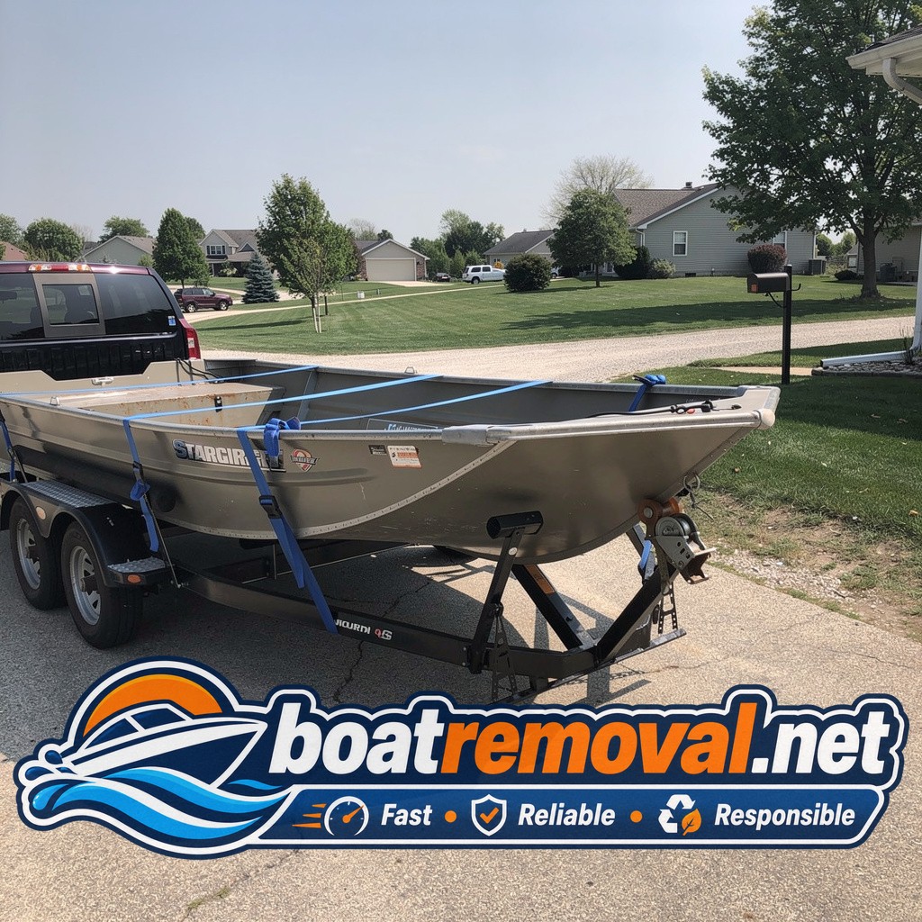 Starcraft aluminum fishing boat loaded onto a trailer after an estate pickup near Morris, Illinois