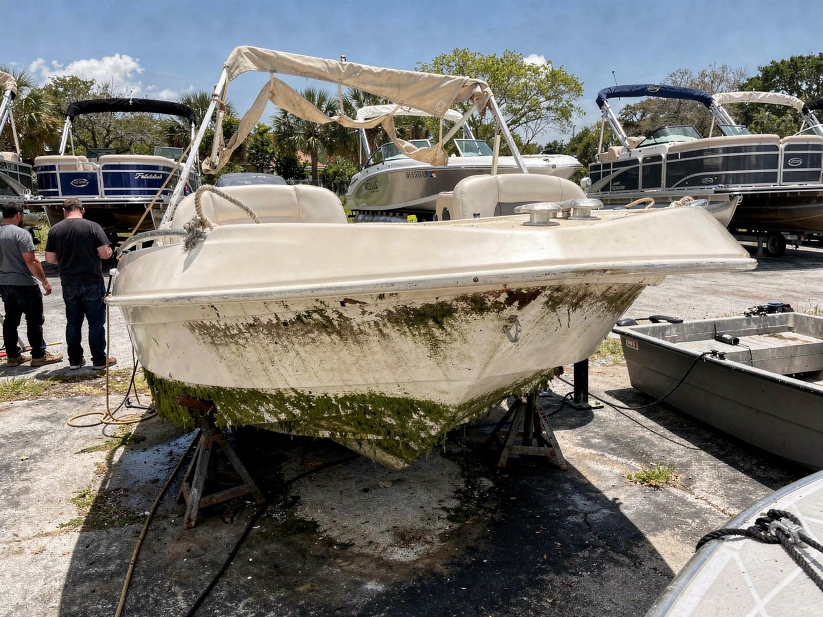 24 ft Harris FloteBote 24 from Naples, FL on stands at a repair yard after the recovery