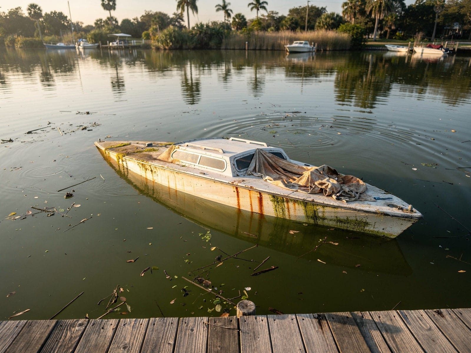 Sunken boat recovery in North Miami, FL: before Sunken 25 ft O'Day 25 at a lake dock in North Miami, FL