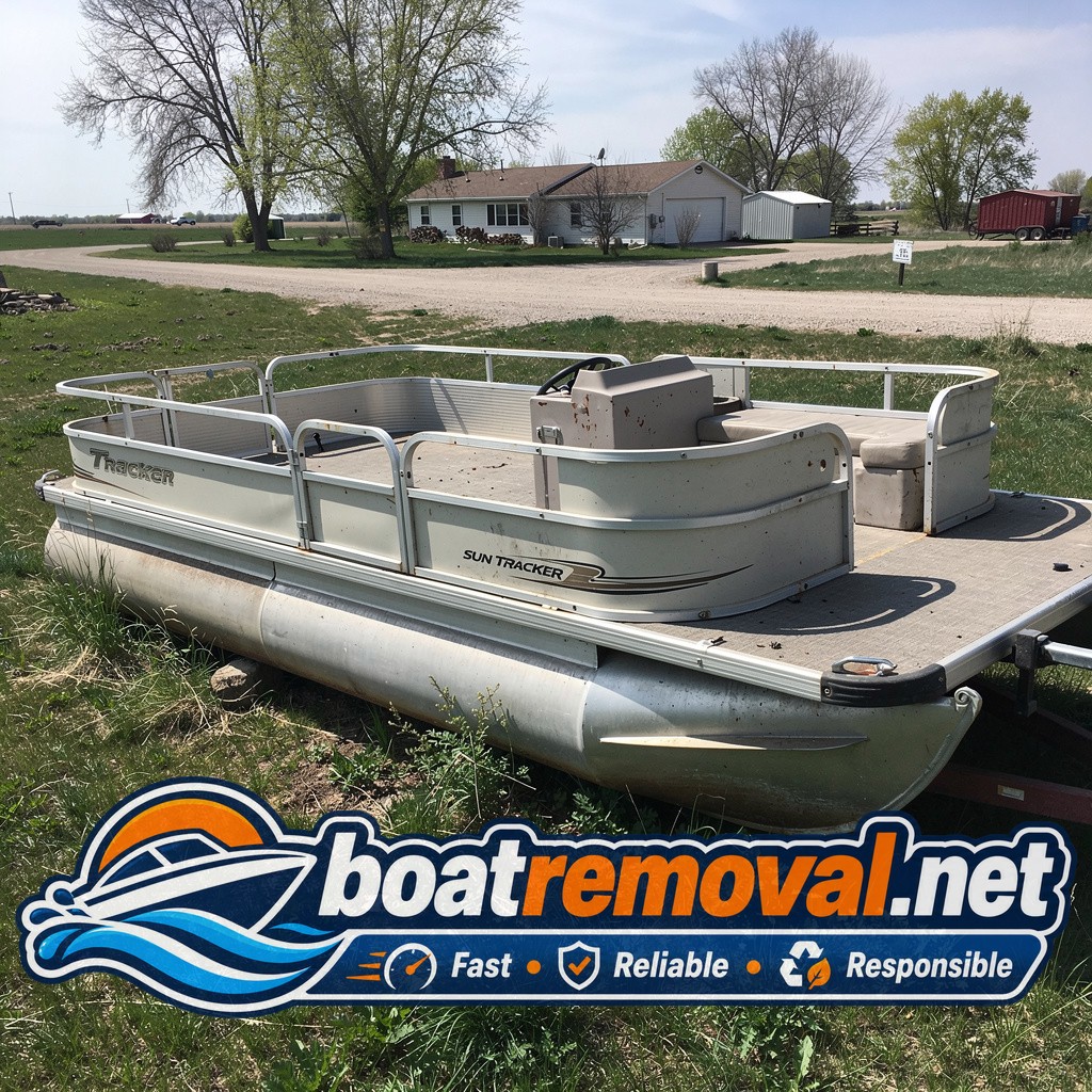abandoned boat removal Northwood ND, 22 ft Sun Tracker pontoon on grass lot