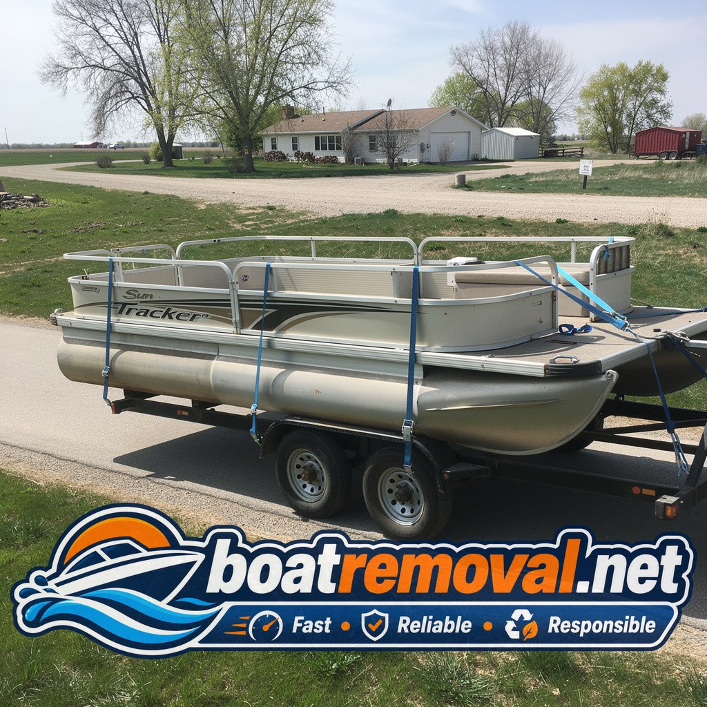 22 ft Sun Tracker pontoon loaded for abandoned boat removal, Northwood North Dakota