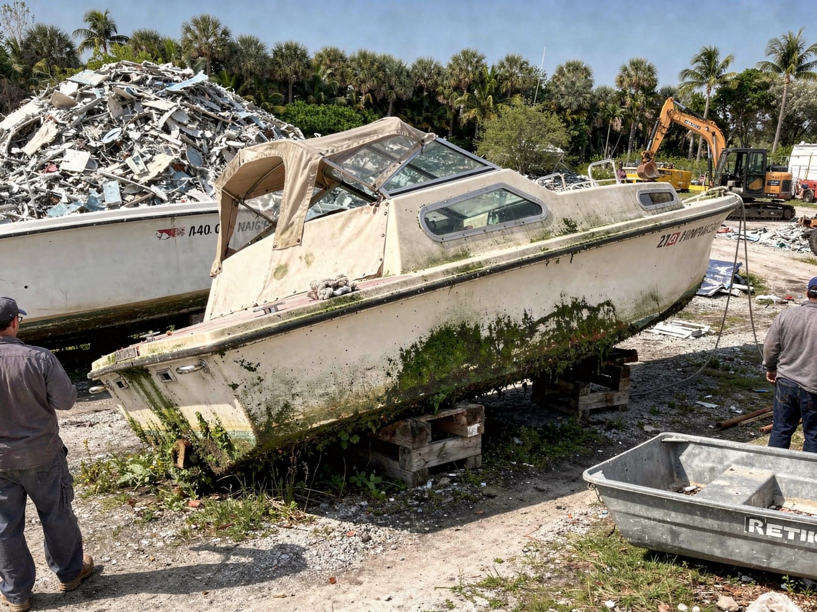 21 ft Thompson 21 from Ocala, FL at the recycling yard after the recovery