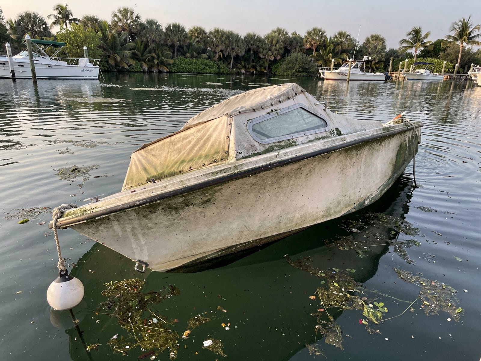 Sunken boat recovery in Ocala, FL: before Sunken 21 ft Thompson 21 at its mooring in Ocala, FL