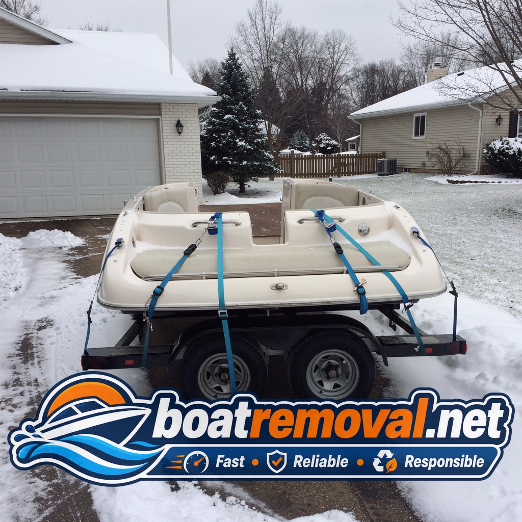Same bowrider boat loaded onto a trailer after being freed from frozen ground