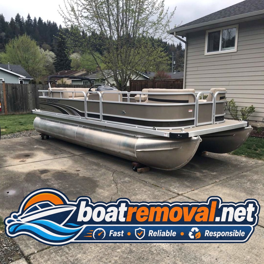 boat removal Oregon City OR, 22 ft Starcraft pontoon in driveway