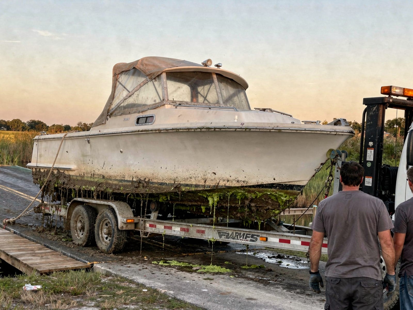 27 ft Chris-Craft Commander 27 pulled out on a trailer at a Orlando, FL boat ramp