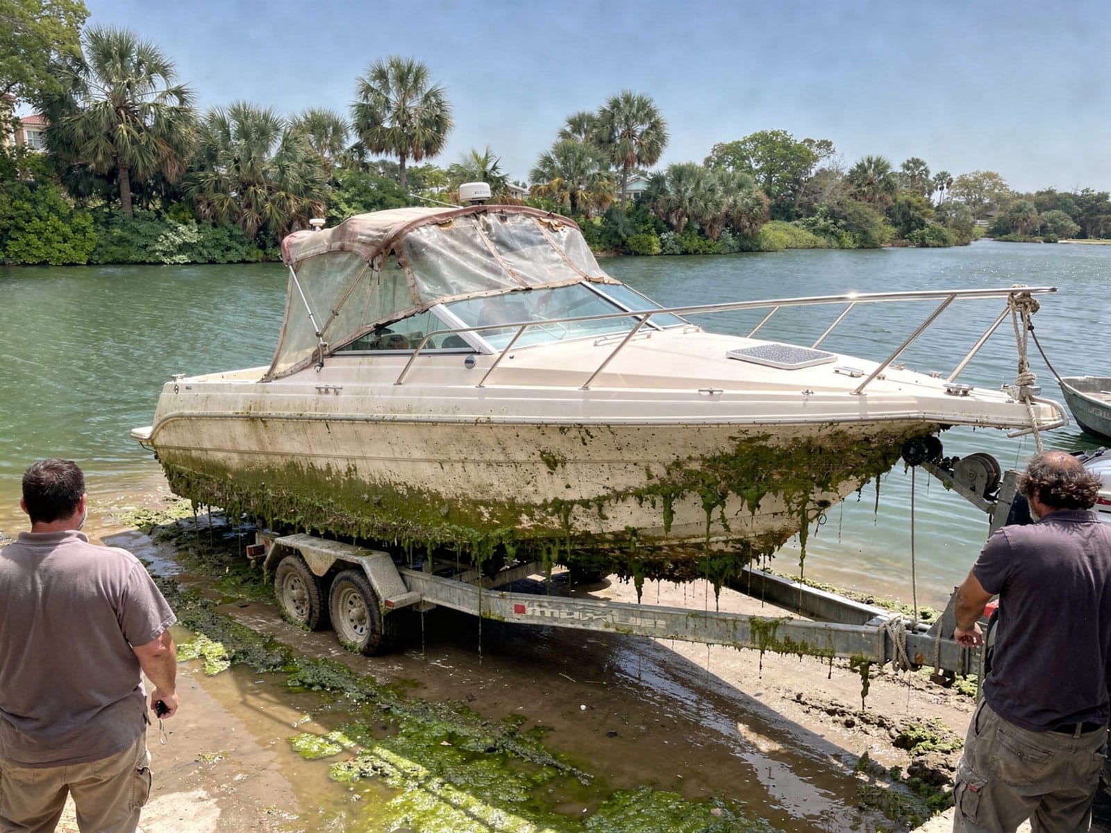 24 ft Maxum 2400 SCR pulled out on a trailer at a Palm Bay, FL boat ramp