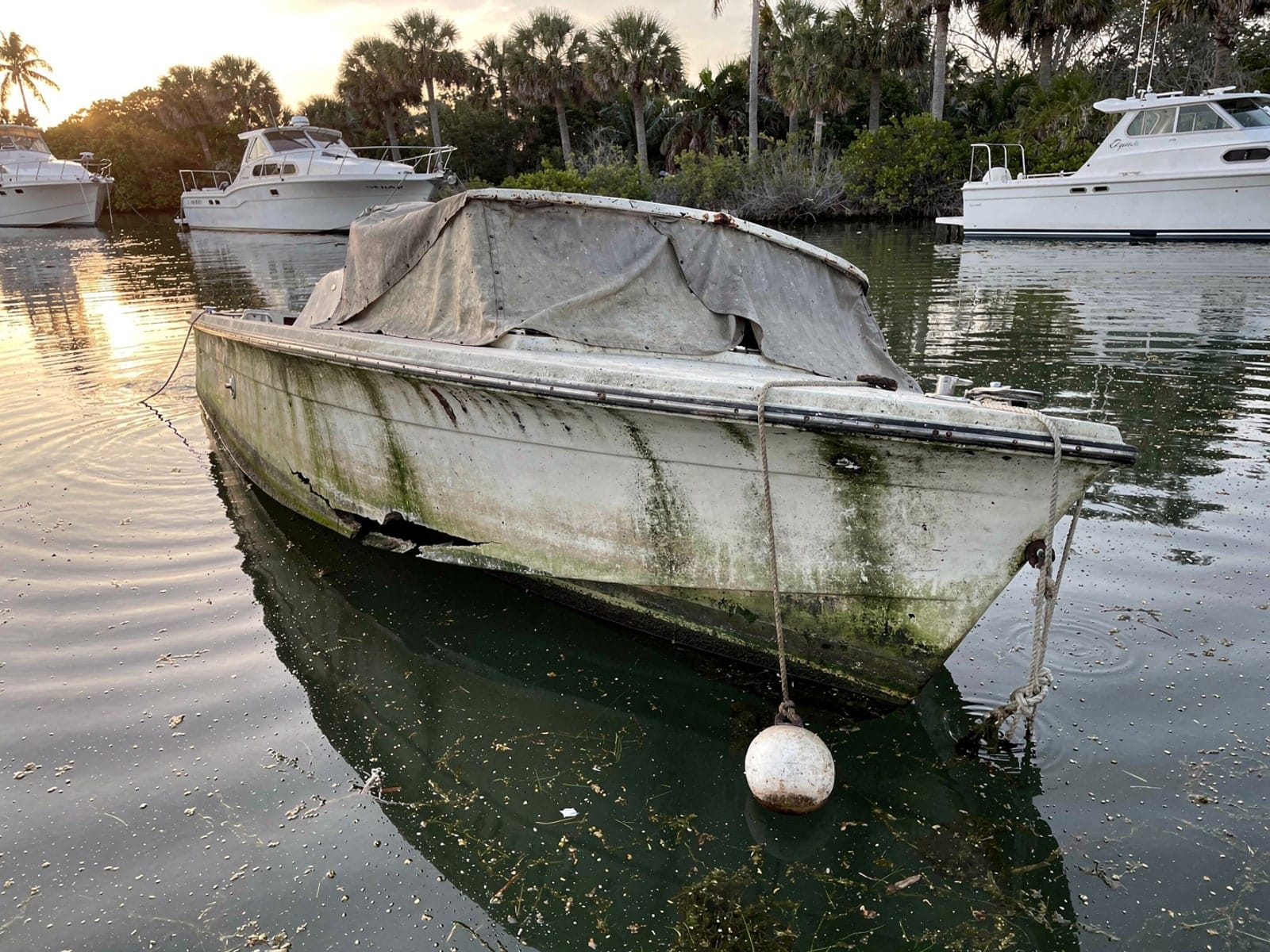 Sunken boat recovery in Palm City, FL: before Sunken 23 ft Chris-Craft Cavalier at its mooring in Palm City, FL