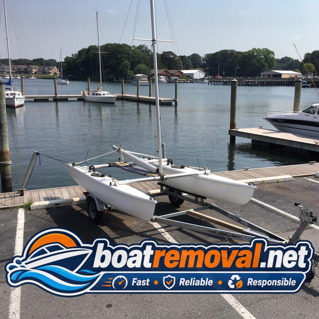 Hobie catamaran loaded onto a trailer after removal from a marina slip near Pasadena, Maryland