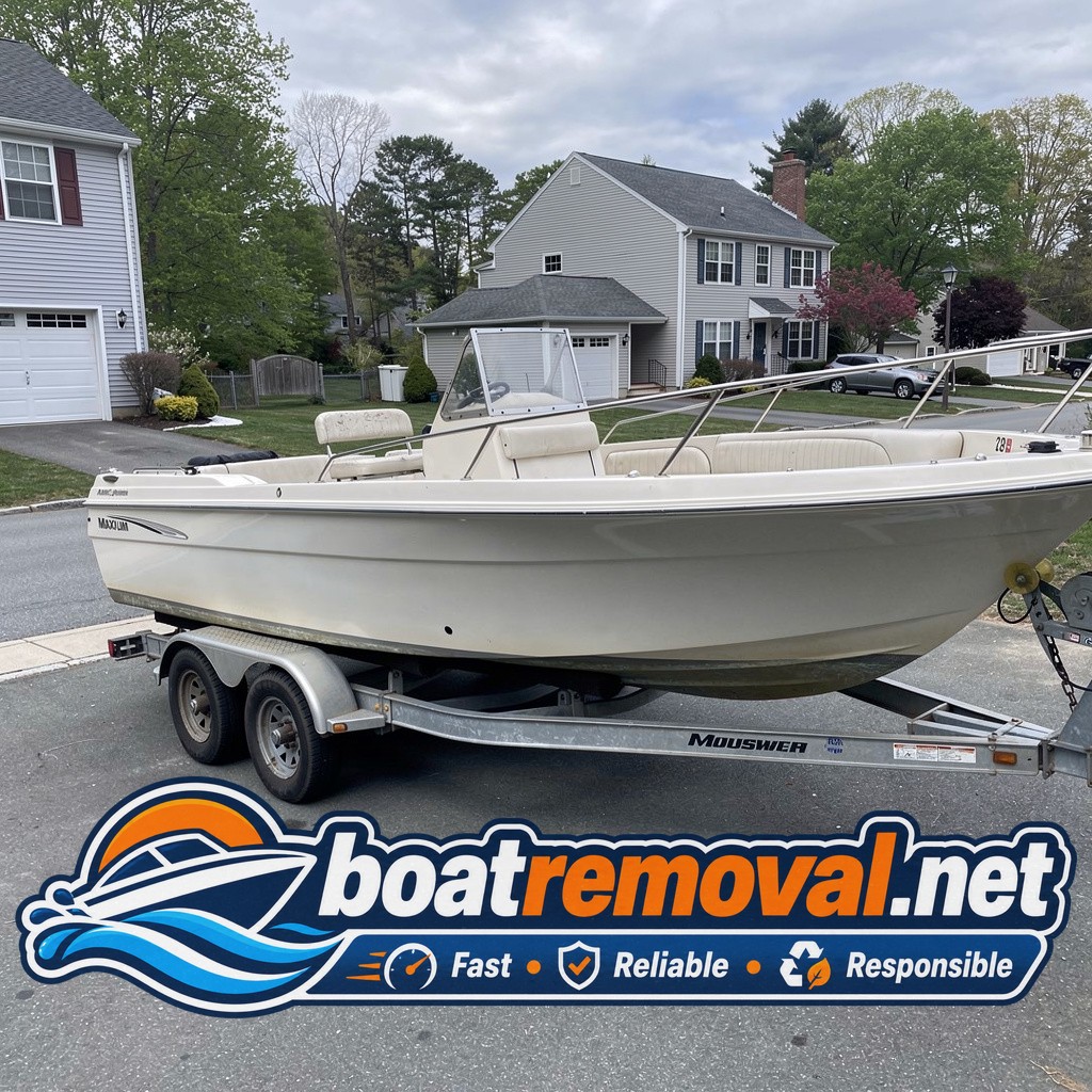 21-foot Maxum cruiser sitting on a flat-tired trailer in a Peabody, Massachusetts driveway
