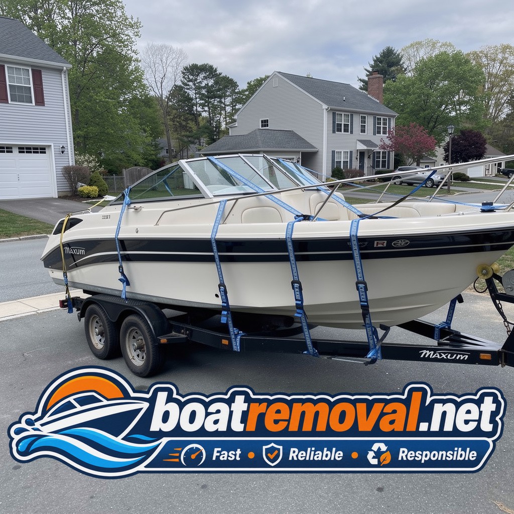 Maxum cruiser loaded onto a trailer after a driveway pickup in Peabody, Massachusetts