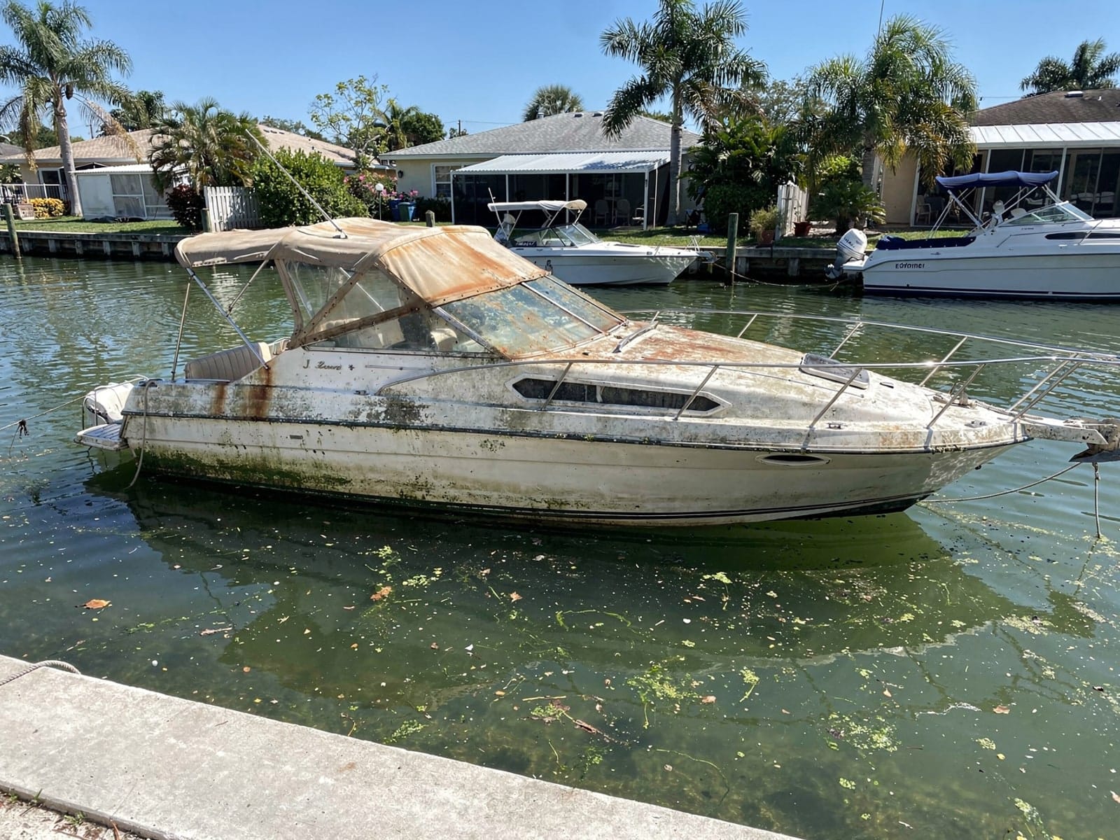 Sunken boat recovery in Pembroke Pines, FL: before Sunken 24 ft Bayliner 2455 Ciera in a canal by the seawall in Pembroke Pines, FL