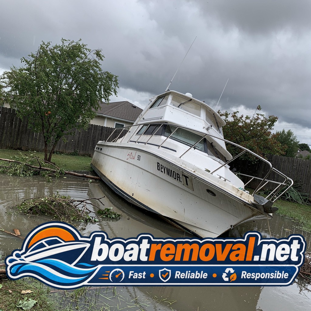 Large cabin cruiser boat tipped on its side in a flooded yard after a storm