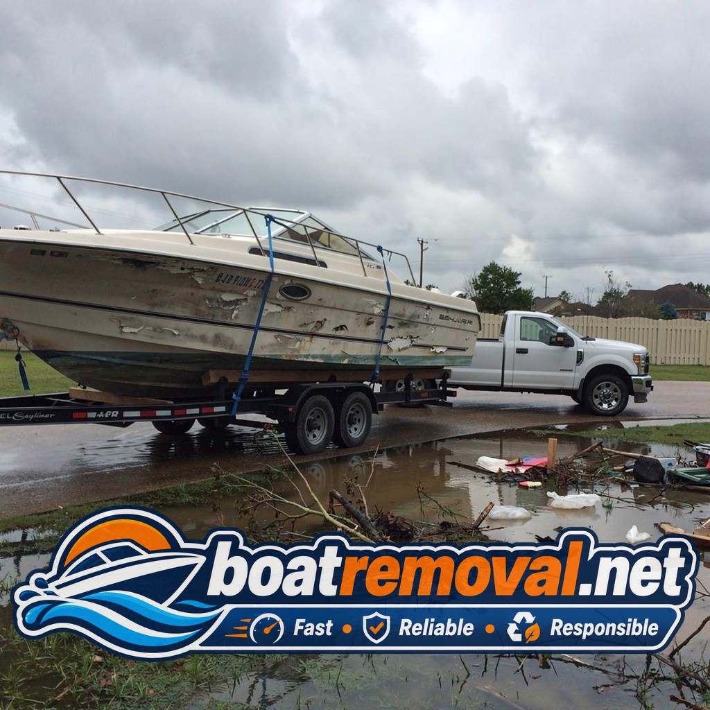Cut sections of a storm-damaged cabin cruiser loaded onto a flatbed trailer
