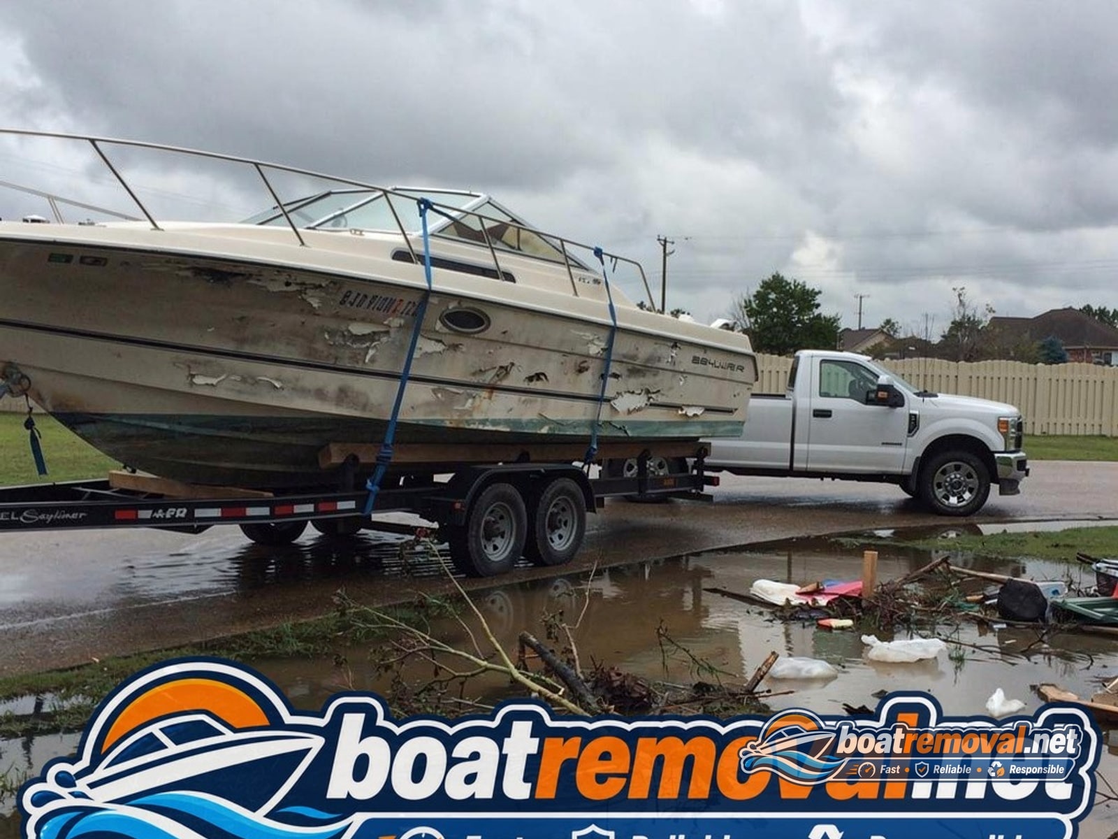 Port Arthur, TX: 32-foot Carver cabin cruiser loaded for removal Cut sections of a storm-damaged cabin cruiser loaded onto a flatbed trailer