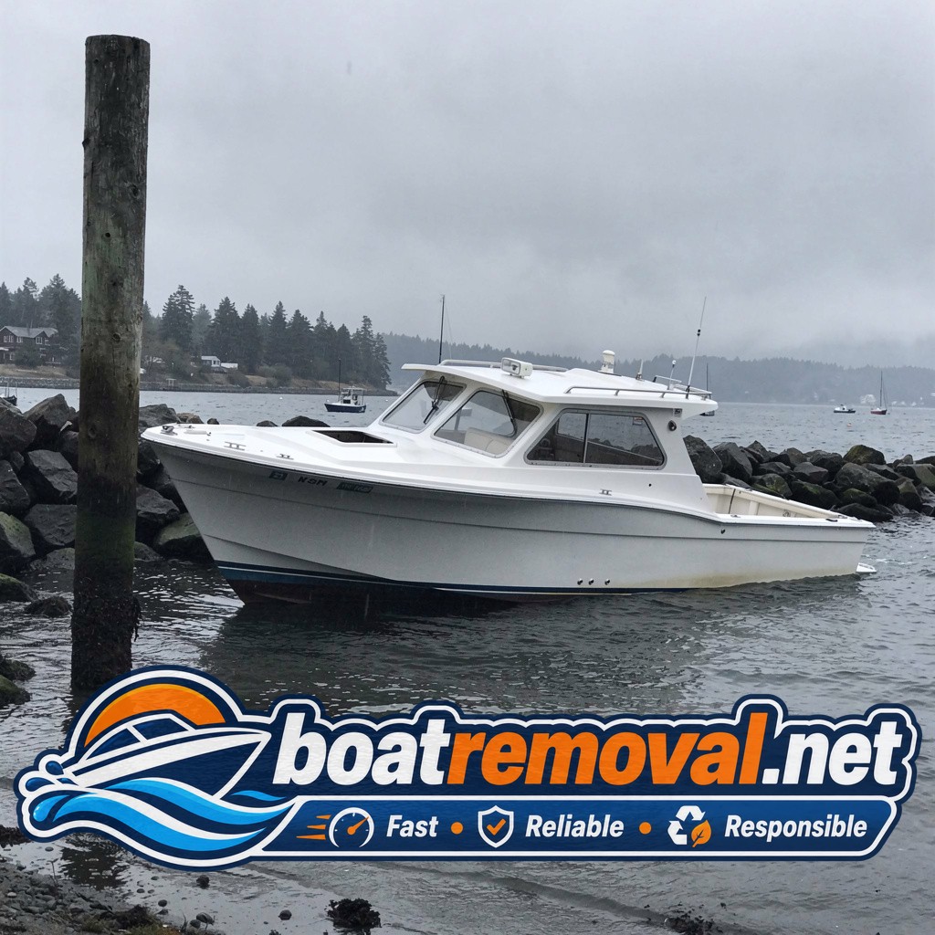 Sportfishing boat listing on its side in shallow water near a piling
