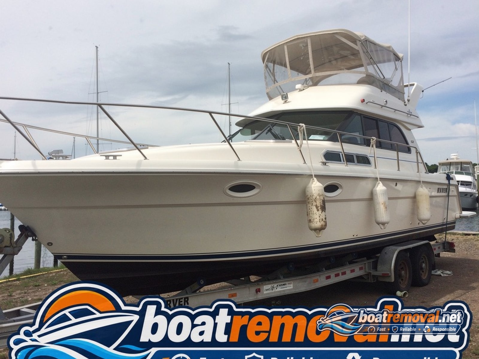 Portsmouth, NH: 32-foot Carver motor yacht loaded for removal Same Carver motor yacht blocked on a heavy trailer after being pulled from the Portsmouth slip
